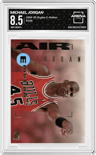 Michael Jordan from the 1994-95 Skybox E-Motion set graded by Arena Club and given an overall grade of 8.5.