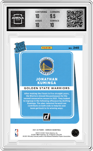 Jonathan Kuminga from the 2021-22 Panini Donruss set featuring a Green Holo Laser parallel graded by Arena Club and given an overall grade of 10.