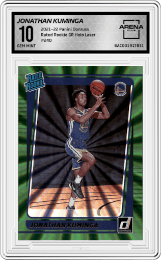 Jonathan Kuminga from the 2021-22 Panini Donruss set featuring a Green Holo Laser parallel graded by Arena Club and given an overall grade of 10.
