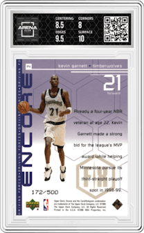 Kevin Garnett from the 1998-99 Upper Deck Encore set featuring a F/X parallel graded by Arena Club and given an overall grade of 8.5.