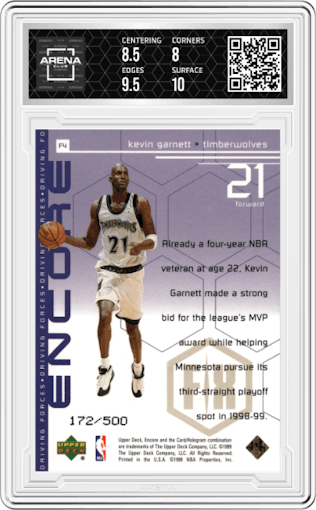Kevin Garnett from the 1998-99 Upper Deck Encore set featuring a F/X parallel graded by Arena Club and given an overall grade of 8.5.