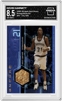 Kevin Garnett from the 1998-99 Upper Deck Encore set featuring a F/X parallel graded by Arena Club and given an overall grade of 8.5.
