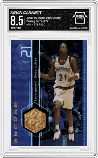 Kevin Garnett from the 1998-99 Upper Deck Encore set featuring a F/X parallel graded by Arena Club and given an overall grade of 8.5.