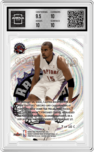 Vince Carter from the 1999-00 Flair Showcase set graded by Arena Club and given an overall grade of 10.