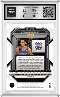 Keegan Murray from the 2022-23 Panini Prizm  set featuring a Red Ice parallel graded by Arena Club and given an overall grade of 10.