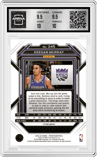 Keegan Murray from the 2022-23 Panini Prizm  set featuring a Red Ice parallel graded by Arena Club and given an overall grade of 10.