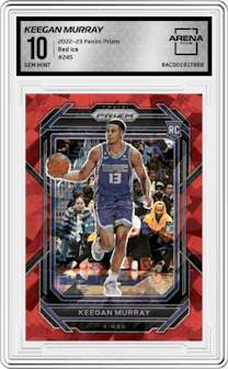 Keegan Murray from the 2022-23 Panini Prizm  set featuring a Red Ice parallel graded by Arena Club and given an overall grade of 10.