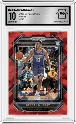 Keegan Murray from the 2022-23 Panini Prizm  set featuring a Red Ice parallel graded by Arena Club and given an overall grade of 10.