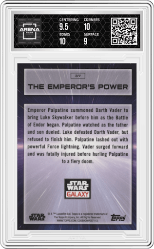The Emperor's Power from the 2022 Topps Chrome Star Wars Galaxy set graded by Arena Club and given an overall grade of 9.5.