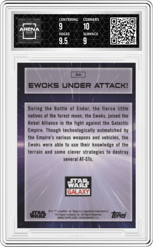 Ewoks Under Attack! from the 2022 Topps Chrome Star Wars Galaxy set graded by Arena Club and given an overall grade of 9.5.