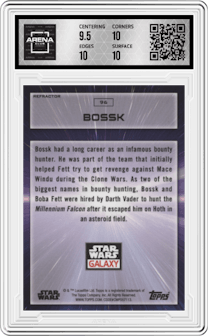Bossk from the 2022 Topps Chrome Star Wars Galaxy set featuring a Refractor parallel graded by Arena Club and given an overall grade of 10.