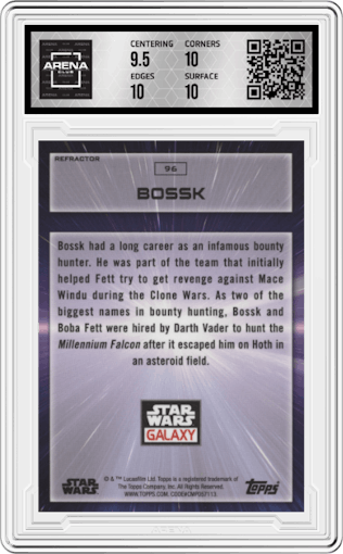 Bossk from the 2022 Topps Chrome Star Wars Galaxy set featuring a Refractor parallel graded by Arena Club and given an overall grade of 10.