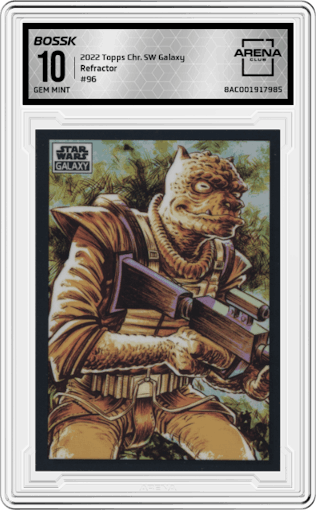 Bossk from the 2022 Topps Chrome Star Wars Galaxy set featuring a Refractor parallel graded by Arena Club and given an overall grade of 10.