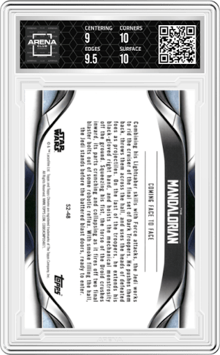 Coming Face to Face from the 2022 Topps Chrome Star Wars The Mandalorian Beskar Edition set graded by Arena Club and given an overall grade of 9.5.