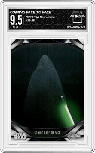 Coming Face to Face from the 2022 Topps Chrome Star Wars The Mandalorian Beskar Edition set graded by Arena Club and given an overall grade of 9.5.