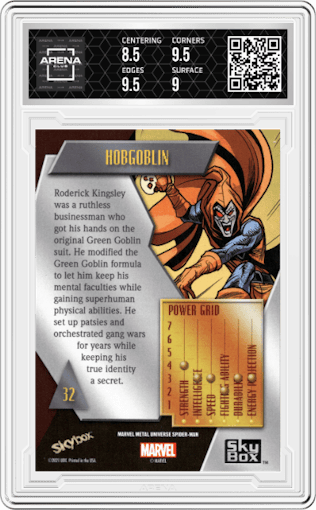 Hobgoblin from the 2021 Skybox Marvel Metal Universe Spider-Man set graded by Arena Club and given an overall grade of 9.