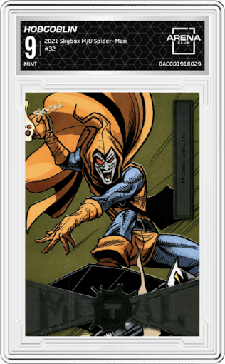 Hobgoblin from the 2021 Skybox Marvel Metal Universe Spider-Man set graded by Arena Club and given an overall grade of 9.