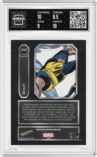 Beast from the 2021 Skybox Marvel Metal Universe Spider-Man set featuring a Light FX Yellow parallel graded by Arena Club and given an overall grade of 9.