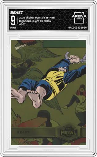 Beast from the 2021 Skybox Marvel Metal Universe Spider-Man set featuring a Light FX Yellow parallel graded by Arena Club and given an overall grade of 9.