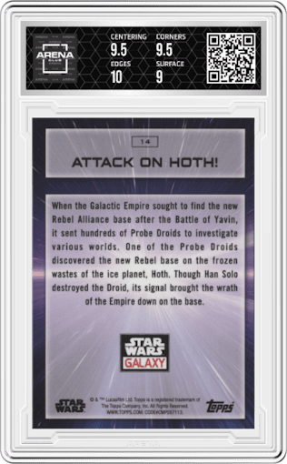 Attack on Hoth! from the 2022 Topps Chrome Star Wars Galaxy set graded by Arena Club and given an overall grade of 9.5.