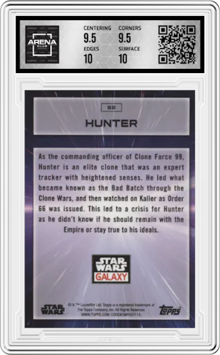 Hunter from the 2022 Topps Chrome Star Wars Galaxy set graded by Arena Club and given an overall grade of 10.