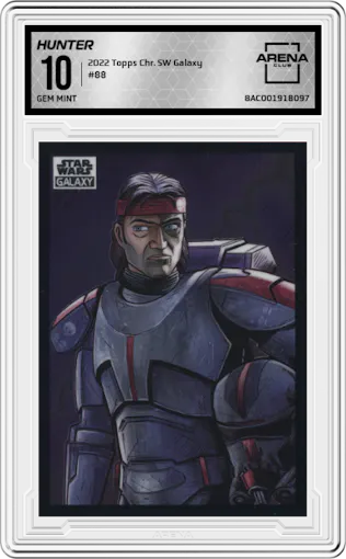 Hunter from the 2022 Topps Chrome Star Wars Galaxy set graded by Arena Club and given an overall grade of 10.