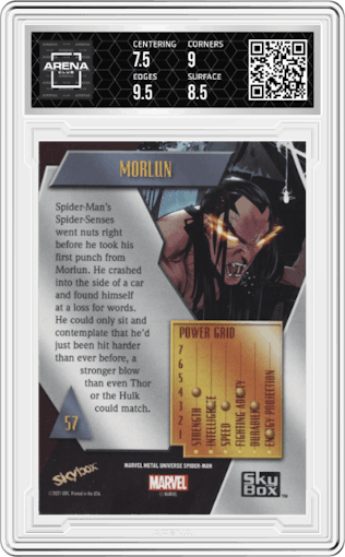 Morlun from the 2021 Skybox Marvel Metal Universe Spider-Man set featuring a Light FX Gold parallel graded by Arena Club and given an overall grade of 8.