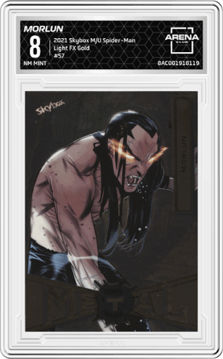 Morlun from the 2021 Skybox Marvel Metal Universe Spider-Man set featuring a Light FX Gold parallel graded by Arena Club and given an overall grade of 8.