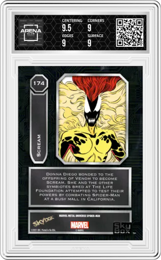 Scream from the 2021 Skybox Marvel Metal Universe Spider-Man set graded by Arena Club and given an overall grade of 9.