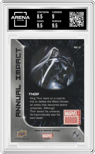 Thor from the 2020-21 Upper Deck Marvel Annual Trading set graded by Arena Club and given an overall grade of 9.