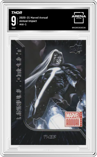Thor from the 2020-21 Upper Deck Marvel Annual Trading set graded by Arena Club and given an overall grade of 9.
