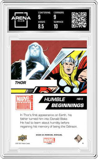 Thor from the 2020-21 Upper Deck Marvel Annual Trading set graded by Arena Club and given an overall grade of 9.