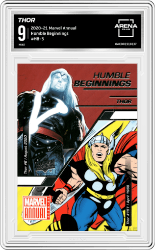 Thor from the 2020-21 Upper Deck Marvel Annual Trading set graded by Arena Club and given an overall grade of 9.
