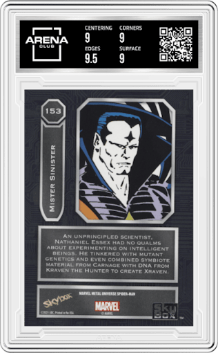 Mister Sinister from the 2021 Skybox Marvel Metal Universe Spider-Man set graded by Arena Club and given an overall grade of 9.