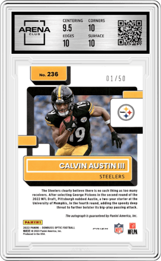 Calvin Austin III from the 2022 Panini Donruss Optic set featuring a Pink Velocity parallel graded by Arena Club and given an overall grade of 10.