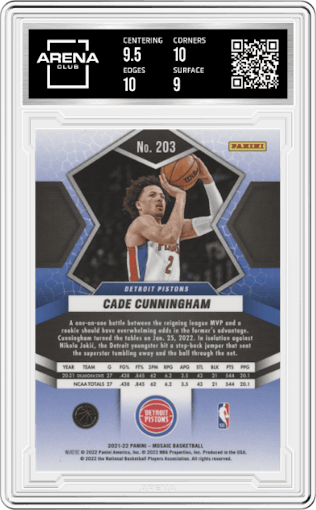 Cade Cunningham from the 2021-22 Panini Mosaic  set graded by Arena Club and given an overall grade of 9.5.