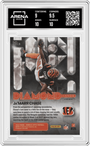 Ja'Marr Chase from the 2022 Panini Donruss Optic set graded by Arena Club and given an overall grade of 9.5.