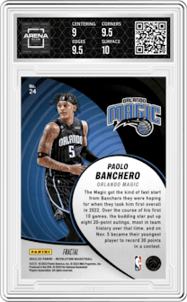 Paolo Banchero from the 2022-23 Panini Revolution  set featuring a Fractal parallel graded by Arena Club and given an overall grade of 9.5.