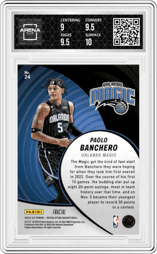 Paolo Banchero from the 2022-23 Panini Revolution  set featuring a Fractal parallel graded by Arena Club and given an overall grade of 9.5.