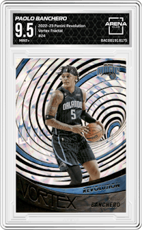 Paolo Banchero from the 2022-23 Panini Revolution  set featuring a Fractal parallel graded by Arena Club and given an overall grade of 9.5.