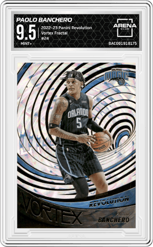 Paolo Banchero from the 2022-23 Panini Revolution  set featuring a Fractal parallel graded by Arena Club and given an overall grade of 9.5.