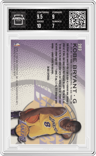 Kobe Bryant from the 1996-97 Fleer set graded by Arena Club and given an overall grade of 7.5.