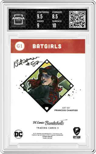 Batwoman from the 2018 Cryptozoic DC Bombshells Series 2 set graded by Arena Club and given an overall grade of 9.