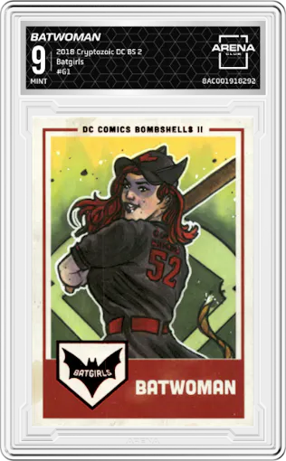 Batwoman from the 2018 Cryptozoic DC Bombshells Series 2 set graded by Arena Club and given an overall grade of 9.