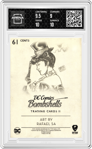 Zatanna from the 2018 Cryptozoic DC Bombshells Series 2 set graded by Arena Club and given an overall grade of 9.5.