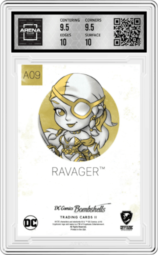 Ravager from the 2018 Cryptozoic DC Bombshells Series 2 set graded by Arena Club and given an overall grade of 10.