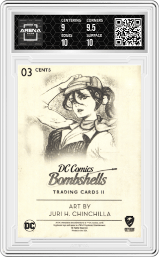 Eloisa Lane from the 2018 Cryptozoic DC Bombshells Series 2 set graded by Arena Club and given an overall grade of 9.5.
