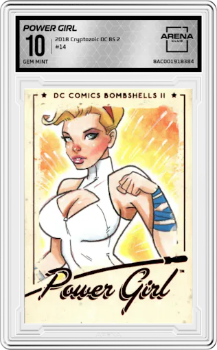 Power Girl from the 2018 Cryptozoic DC Bombshells Series 2 set graded by Arena Club and given an overall grade of 10.