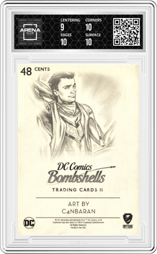 Nightwing from the 2018 Cryptozoic DC Bombshells Series 2 set graded by Arena Club and given an overall grade of 9.5.