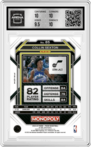 Collin Sexton from the 2022-23 Panini Prizm Monopoly set featuring a Running Mr. Monopoly parallel graded by Arena Club and given an overall grade of 10.